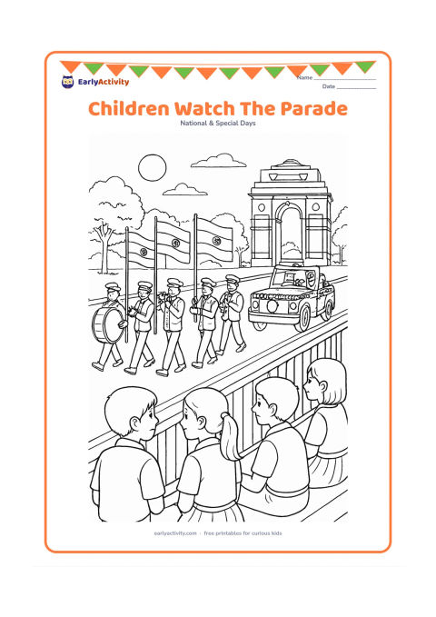 Colouring page: Draw a group of schoolchildren seated safely behind a roadside barrier while a Republic Day parade passes in front of them. Show a marching band, flag bearers, a decorated vehicle, India…