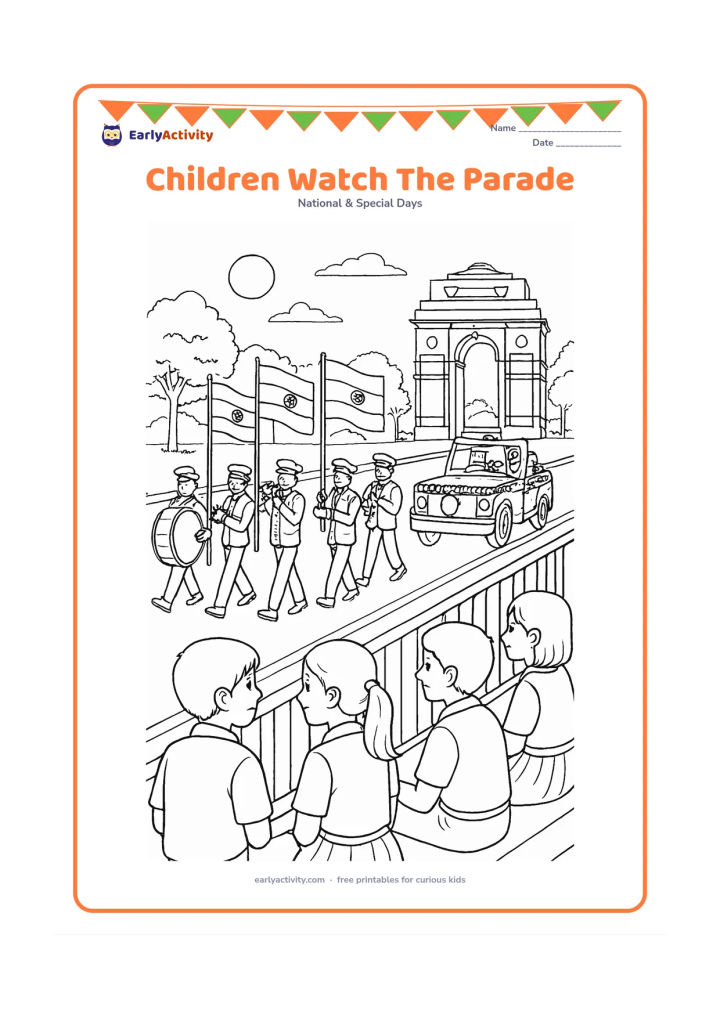 Colouring page: Draw a group of schoolchildren seated safely behind a roadside barrier while a Republic Day parade passes in front of them. Show a marching band, flag bearers, a decorated vehicle, India…