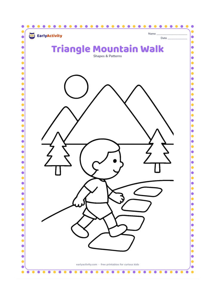Colouring page: Draw a child walking toward three large triangular mountains, with a round sun, rectangular path stones, and simple triangular pine trees. Place the shapes in an easy-to-follow…