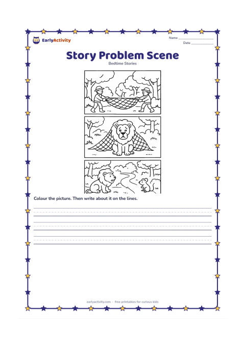 Printable: Create a three-part picture strip without words: first hunters stretch a rope net, then the lion becomes caught, and finally the mouse hears him from a nearby path. Use a continuous…