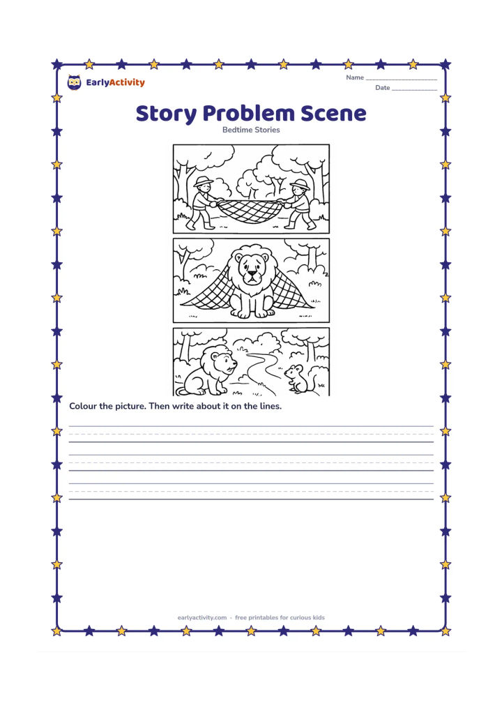 Printable: Create a three-part picture strip without words: first hunters stretch a rope net, then the lion becomes caught, and finally the mouse hears him from a nearby path. Use a continuous…