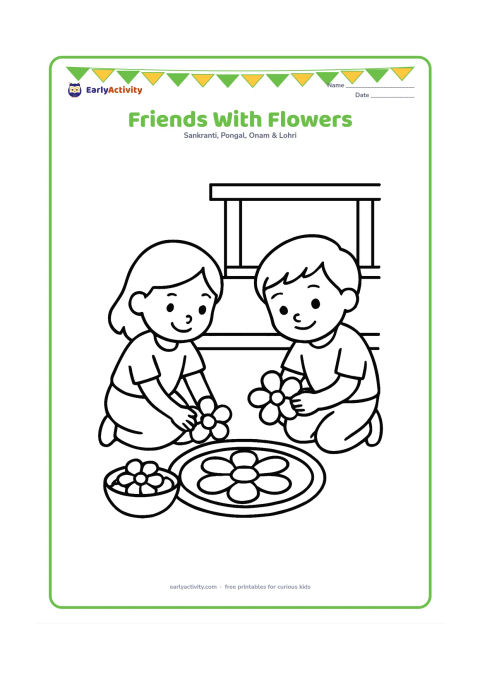 Colouring page: Draw two young friends kneeling together and placing large flowers in a small round pookalam. Show a few loose flowers in a bowl and a simple veranda behind them.