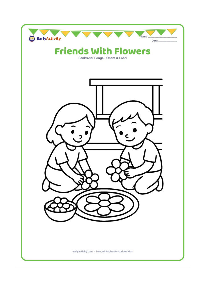 Colouring page: Draw two young friends kneeling together and placing large flowers in a small round pookalam. Show a few loose flowers in a bowl and a simple veranda behind them.