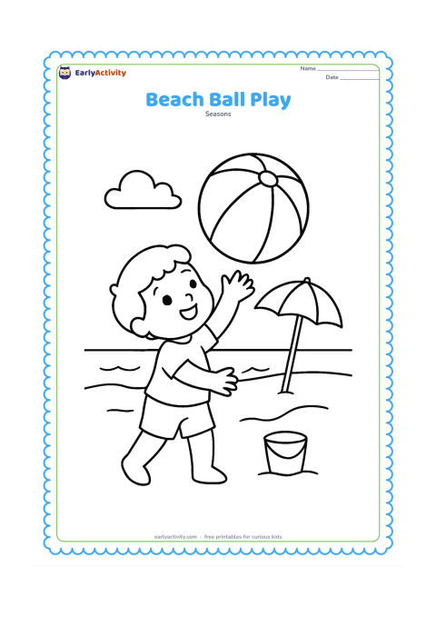 Colouring page: Draw a child reaching up to catch a large beach ball on a sandy beach. Include a small bucket, a simple parasol, gentle waves, and a low horizon.