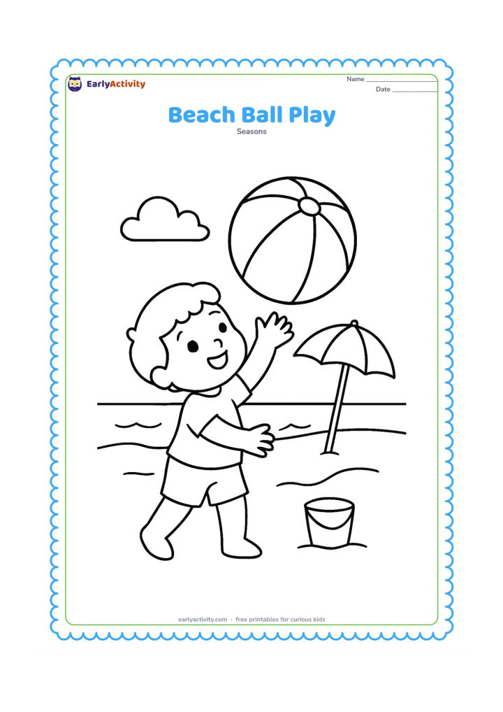 Colouring page: Draw a child reaching up to catch a large beach ball on a sandy beach. Include a small bucket, a simple parasol, gentle waves, and a low horizon.
