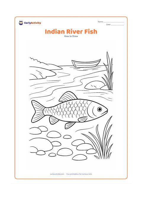 Worksheet: Show a detailed freshwater fish moving through an Indian river scene with smooth stones, river grass, a simple curved wooden boat in the far background, and soft current lines. Include…
