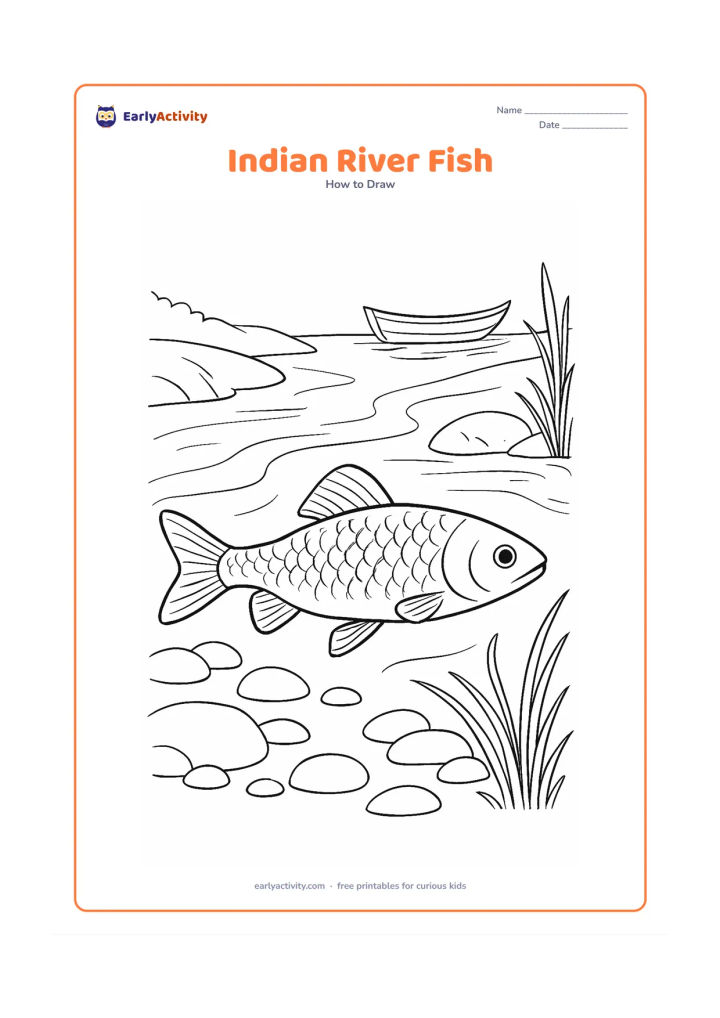 Worksheet: Show a detailed freshwater fish moving through an Indian river scene with smooth stones, river grass, a simple curved wooden boat in the far background, and soft current lines. Include…