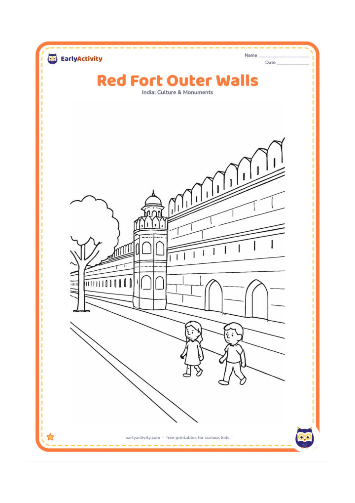 Colouring page: Show a long perspective view of the Red Fort's outer sandstone walls receding toward the Lahori Gate. Include repeated battlements, a few arched openings, a roadside tree and two…