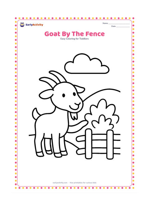 Colouring page: Draw a friendly goat standing beside a short fence and reaching toward one leafy bush. Add a low hill and a large cloud behind it.
