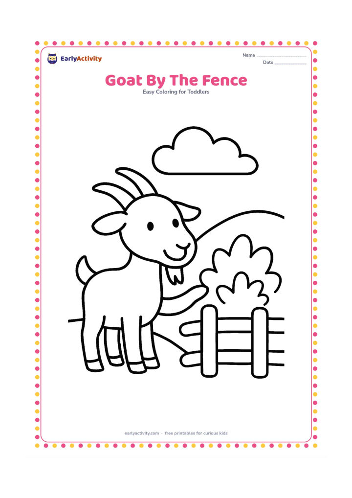 Colouring page: Draw a friendly goat standing beside a short fence and reaching toward one leafy bush. Add a low hill and a large cloud behind it.