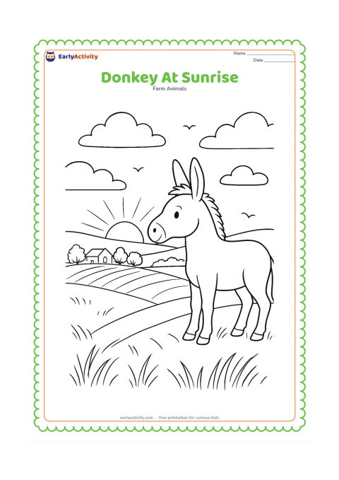 Colouring page: A donkey stands on a ridge at sunrise overlooking fields, a small farmhouse and a line of trees. Use layered sky bands, soft clouds, long grass and a few distant birds.