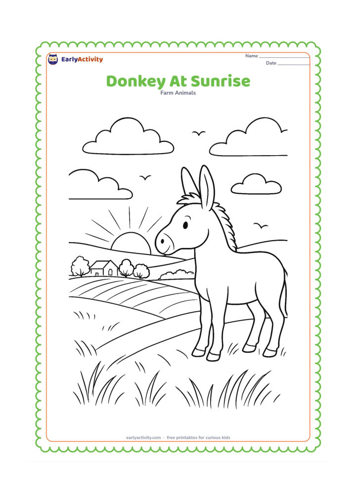 Colouring page: A donkey stands on a ridge at sunrise overlooking fields, a small farmhouse and a line of trees. Use layered sky bands, soft clouds, long grass and a few distant birds.