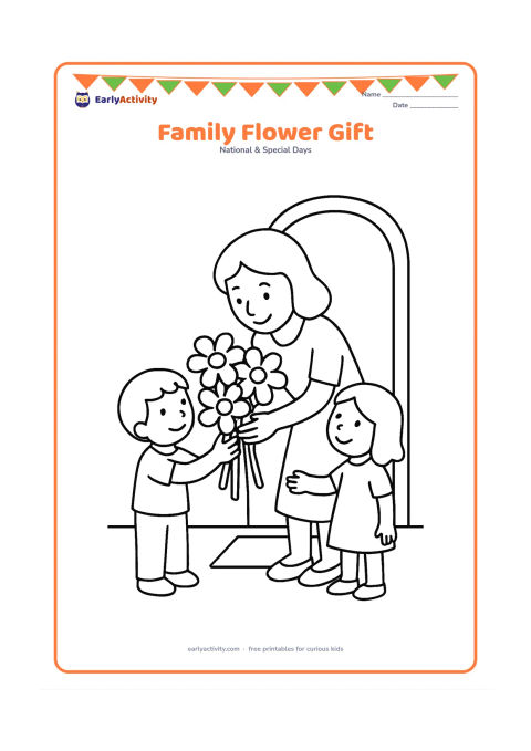Colouring page: Two children give a large bunch of flowers to their mother, with one child on each side and the mother bending slightly to accept them. Add a simple doorway and a welcome mat without any…