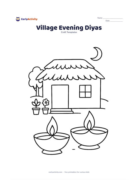 Worksheet: Two diyas glow on a low doorstep of an Indian village home at evening, with a thatched roof, a small tree, flower pots, and a crescent moon in the distance.