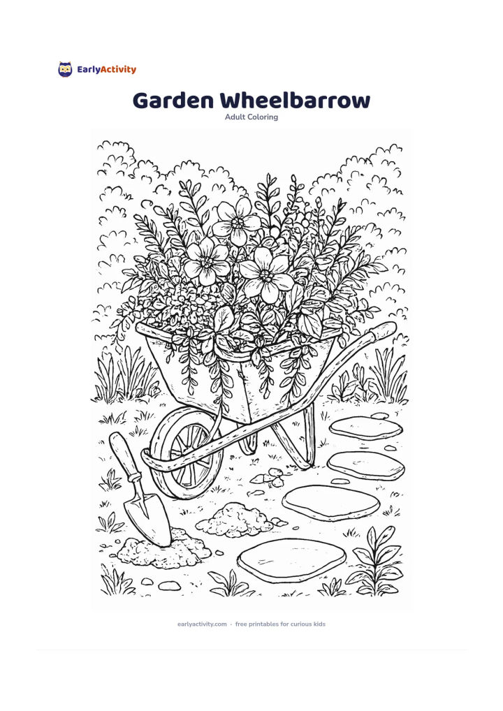 Colouring page: Draw an old wheelbarrow filled with flowering plants, leafy seedlings, and trailing vines in a garden corner. Add a hand trowel, loose soil, stepping stones, and a low hedge behind it.
