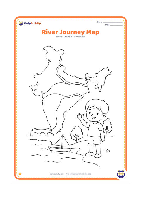 Colouring page: Create an India map with three broad, unlabelled river paths crossing the northern and central areas toward the sea, plus a small boat, bridge, riverside trees, and a child waving from…