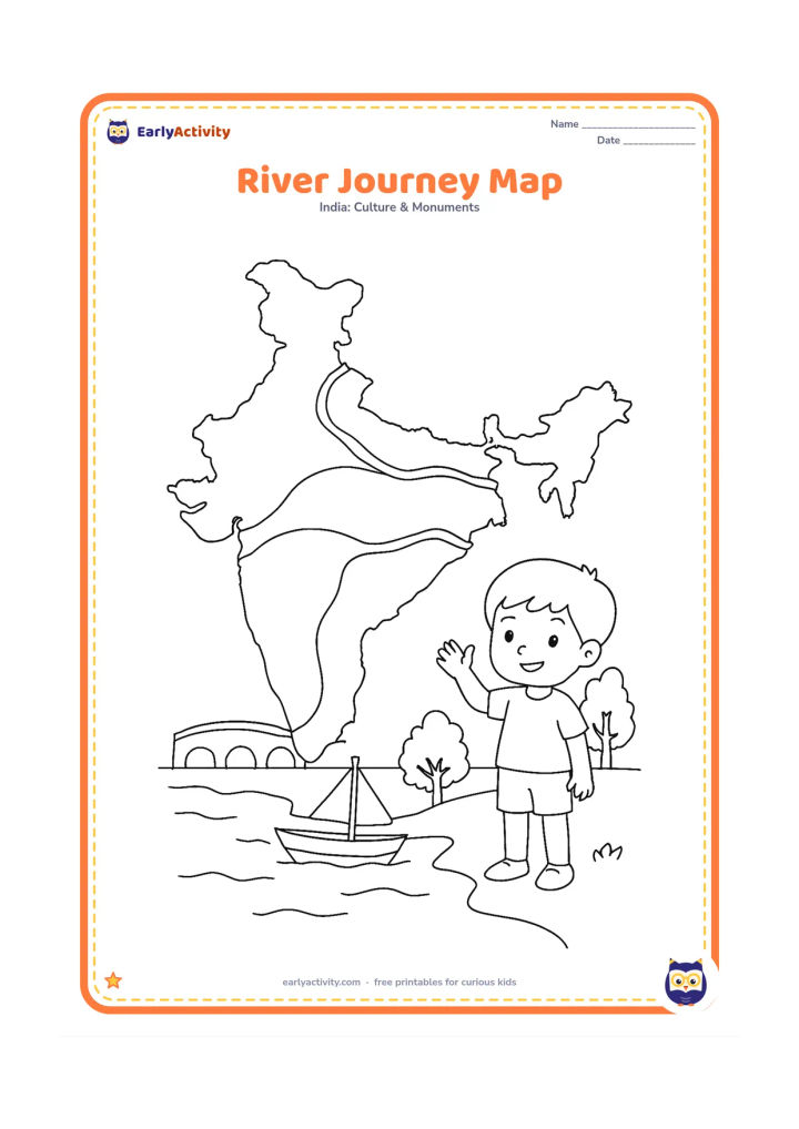 Colouring page: Create an India map with three broad, unlabelled river paths crossing the northern and central areas toward the sea, plus a small boat, bridge, riverside trees, and a child waving from…