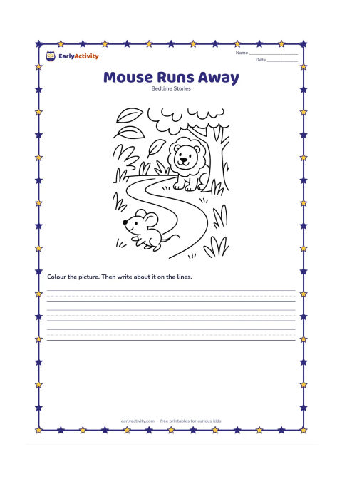 Printable: The tiny mouse happily scurries away through grass while the lion watches kindly from beneath the tree. Add a curved path, broad leaves and dappled shade.