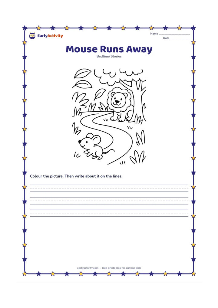 Printable: The tiny mouse happily scurries away through grass while the lion watches kindly from beneath the tree. Add a curved path, broad leaves and dappled shade.