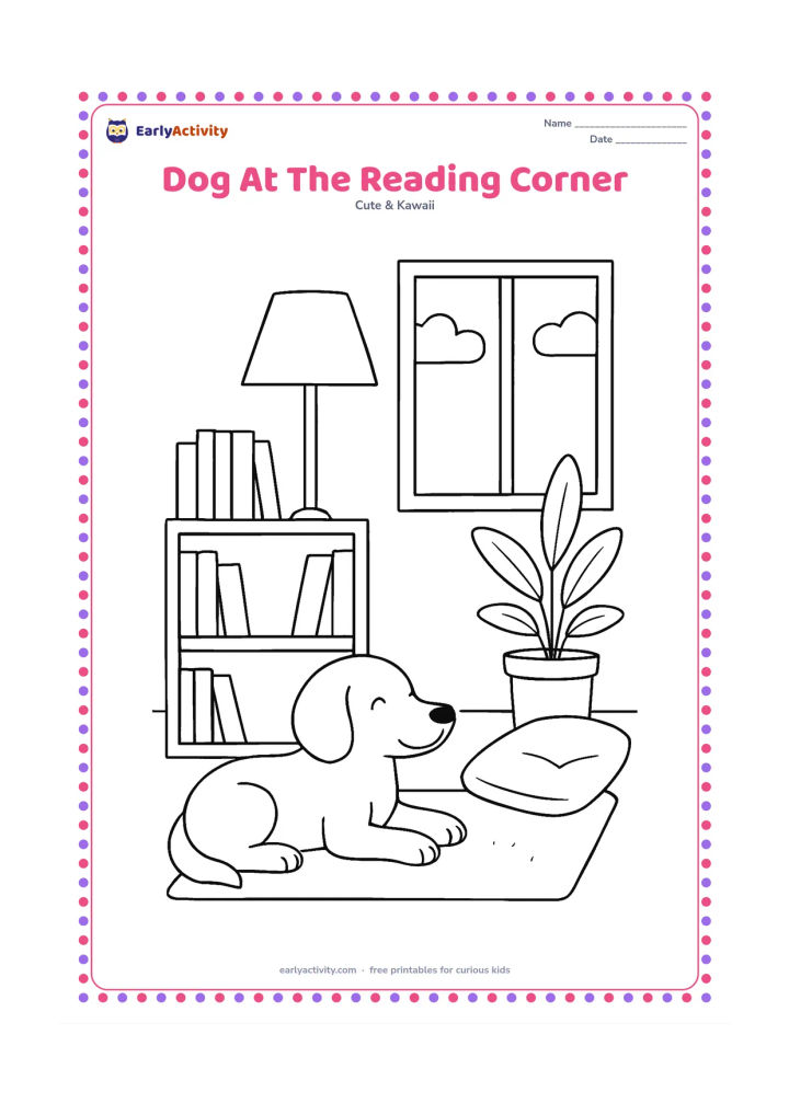 Colouring page: A gentle dog lies on a mat beside a low shelf of blank-covered books, listening to a child-sized reading cushion area. Add a floor lamp, a plant and a window showing daytime clouds.