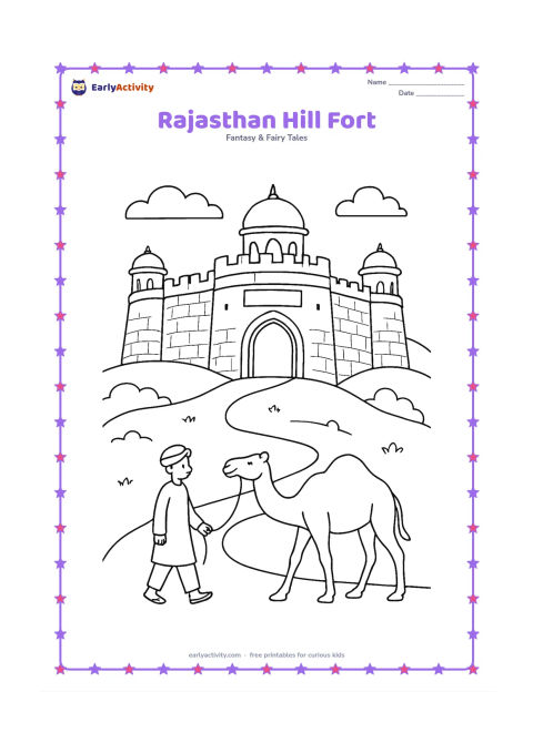Colouring page: Draw a welcoming hill fort inspired by Rajasthan, with rounded stone walls, small domed towers, an arched gateway, and a winding path. Include a camel and a person in simple traditional…