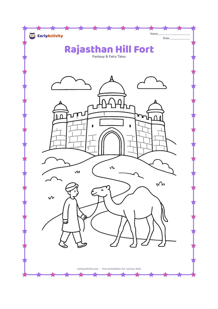 Colouring page: Draw a welcoming hill fort inspired by Rajasthan, with rounded stone walls, small domed towers, an arched gateway, and a winding path. Include a camel and a person in simple traditional…