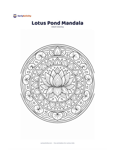 Colouring page: A symmetrical circular design with a large lotus at the centre, surrounded by rings of lotus petals, lily pads, curved pond ripples and small water droplets. Use balanced repeated shapes…