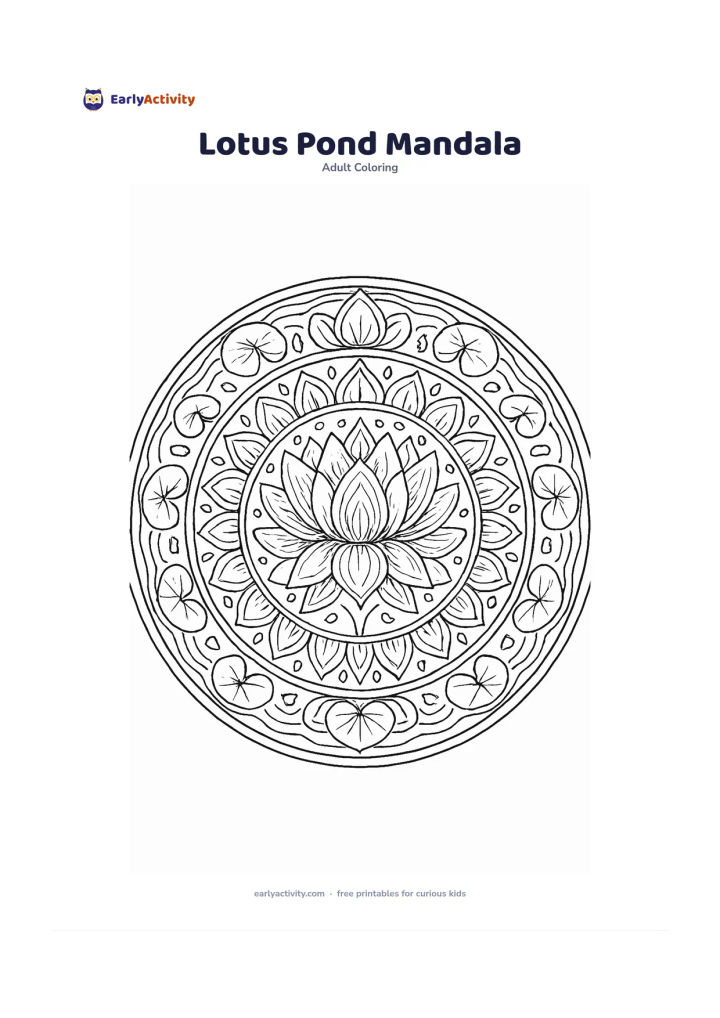 Colouring page: A symmetrical circular design with a large lotus at the centre, surrounded by rings of lotus petals, lily pads, curved pond ripples and small water droplets. Use balanced repeated shapes…