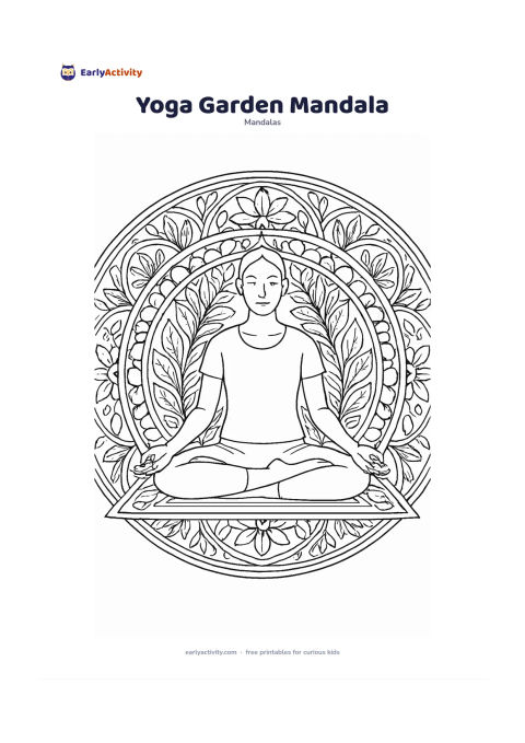 Colouring page: Create a circular mandala with an adult seated cross-legged on a mat in a quiet garden, hands resting comfortably on the knees. Surround the figure with repeating leaves, smooth stones,…