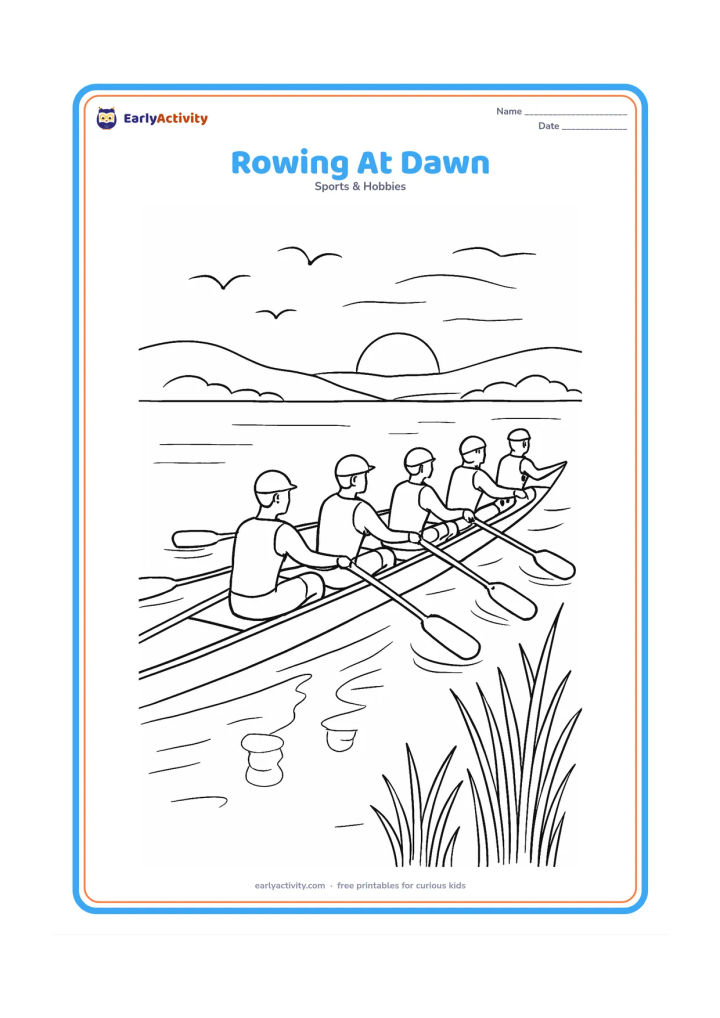 Colouring page: A rowing crew works together in a long boat on a misty lake at dawn, with repeating oars, calm reflections, reeds, distant hills and birds. Show the rowers moving in a coordinated rhythm.