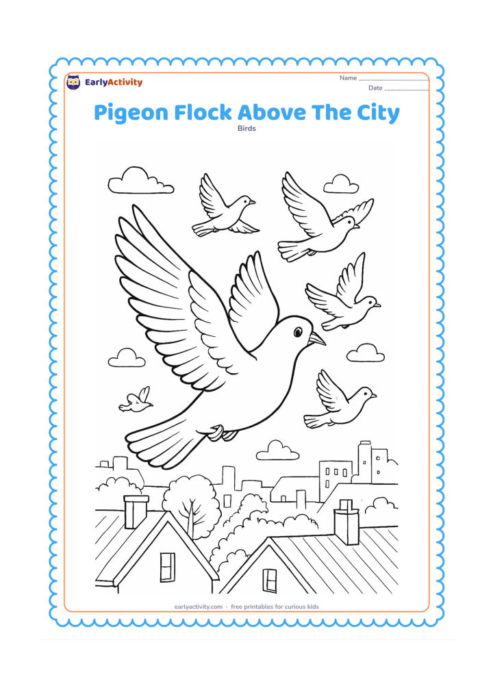 Colouring page: A large pigeon flies in the foreground with wings fully spread while several smaller pigeons fly behind it over rooftops, trees, and distant buildings. Vary the wing positions to show…