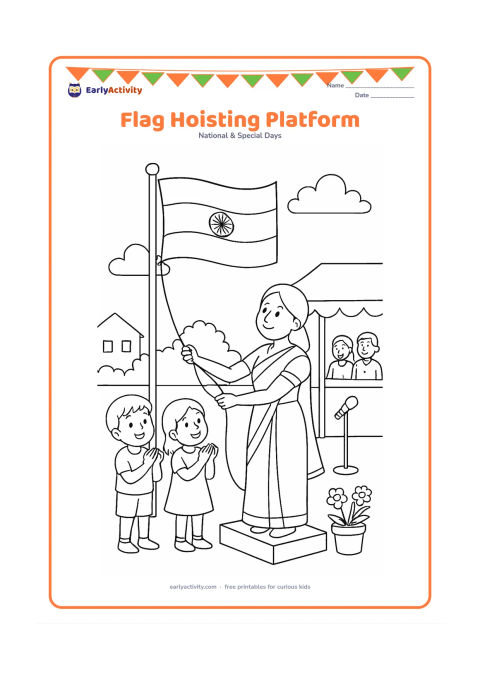 Colouring page: Draw a community flag-hoisting platform with a woman pulling the rope to raise an Indian flag while two children watch and clap. Add a microphone stand without words, flower pots, a…