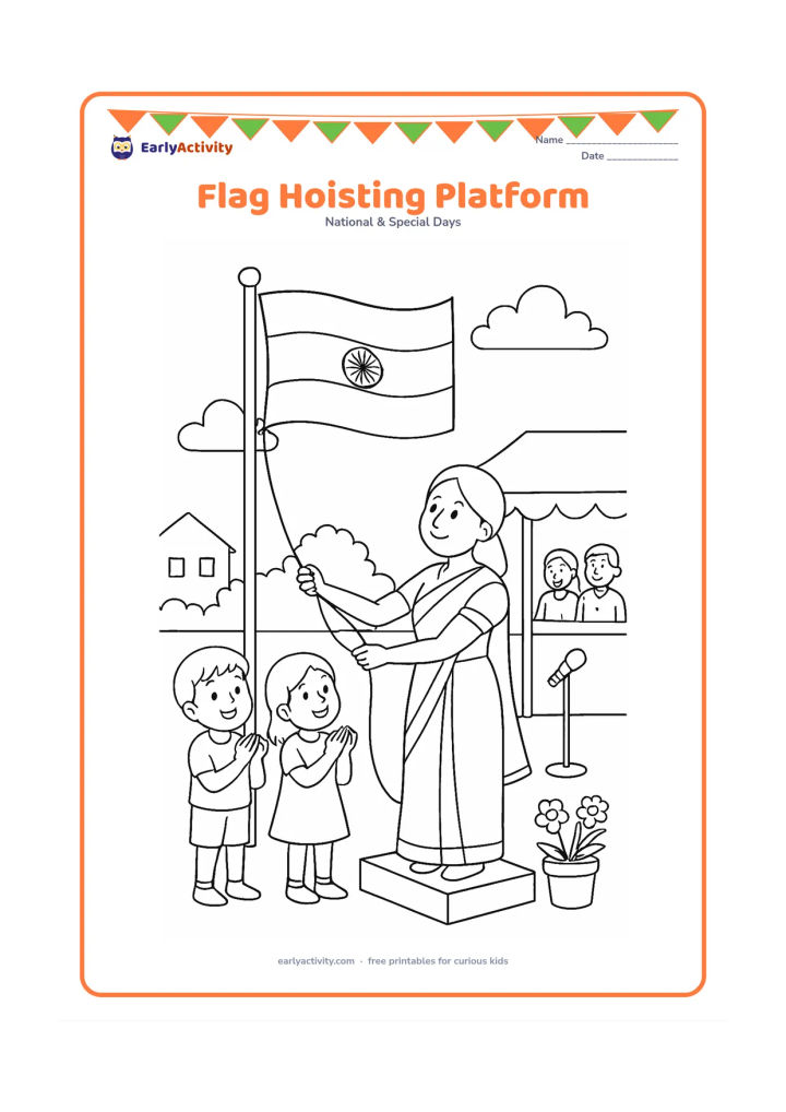 Colouring page: Draw a community flag-hoisting platform with a woman pulling the rope to raise an Indian flag while two children watch and clap. Add a microphone stand without words, flower pots, a…