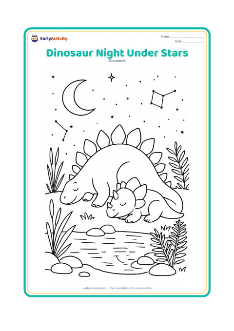 Colouring page: Draw a peaceful Stegosaurus and baby Triceratops resting near a fern-filled pond under a starry night sky. Include a crescent moon, constellations made only of dots, reeds, smooth rocks…