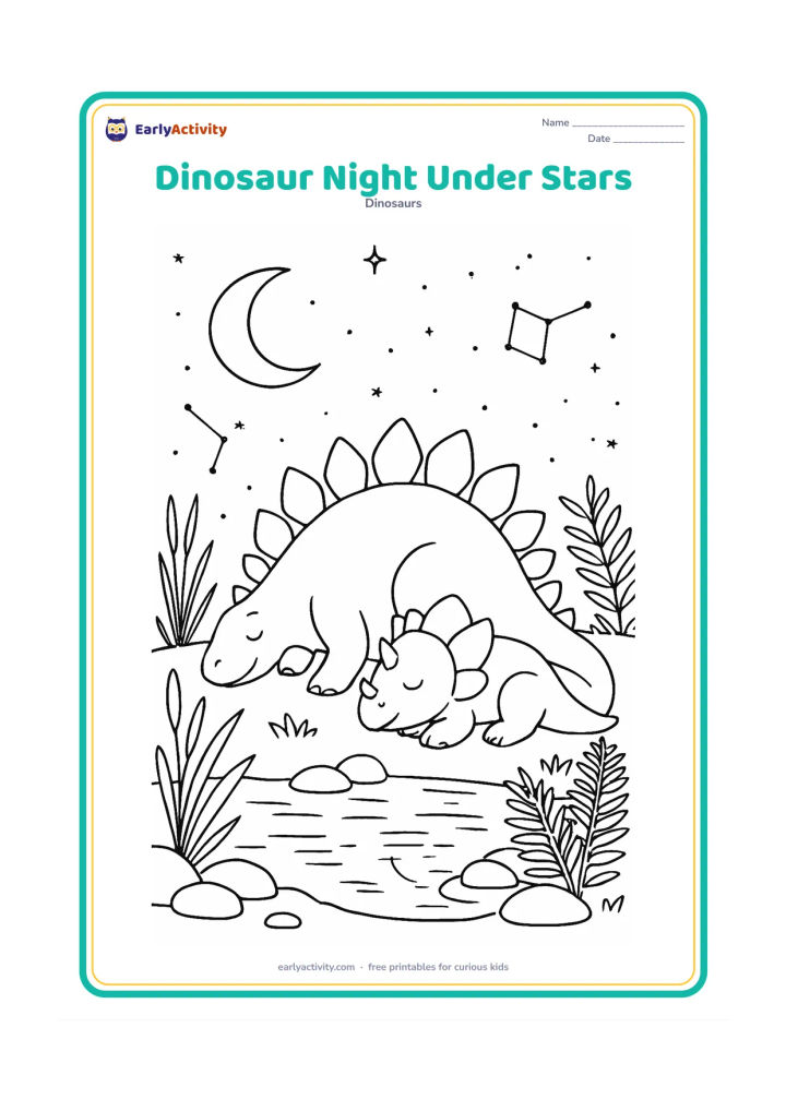 Colouring page: Draw a peaceful Stegosaurus and baby Triceratops resting near a fern-filled pond under a starry night sky. Include a crescent moon, constellations made only of dots, reeds, smooth rocks…