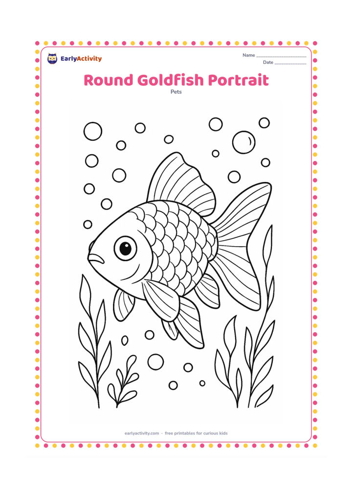 Colouring page: Draw a close-up goldfish facing slightly forward, emphasizing its rounded body, paired fins, fan-shaped tail, eye and clearly defined gill covers. Add delicate scale rows and a…
