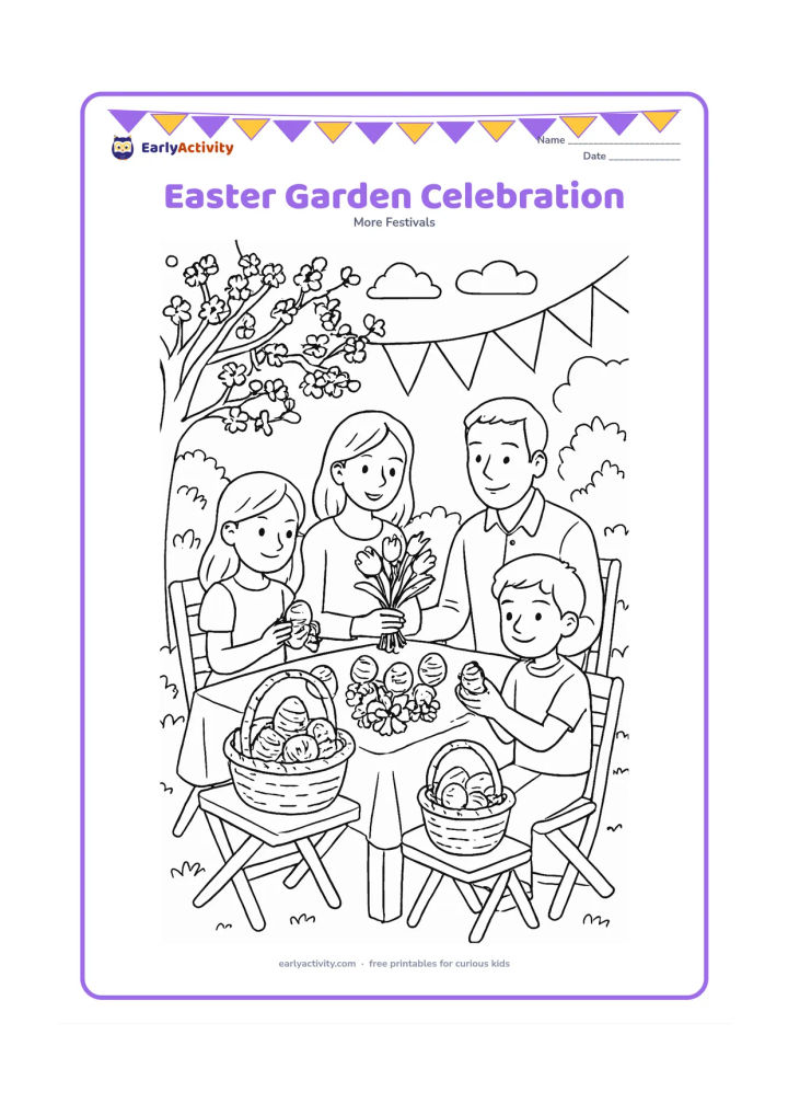 Colouring page: A family and two children share a gentle Easter garden celebration around a table covered with eggs, flowers and baskets. Include a flowering tree, garden chairs, bunting made only from…