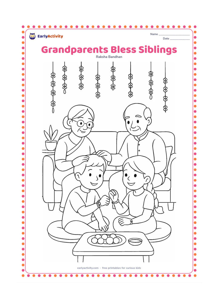 Colouring page: Two siblings sit together with fresh rakhis while their grandmother and grandfather bless them. Place the family in a decorated living room with cushions, a low table, sweets, and…