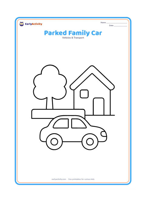 Colouring page: Draw a friendly family car parked beside a simple house, with a low wall, one tree and a blank driveway. Show the car in side view with large windows and clearly separated wheels.