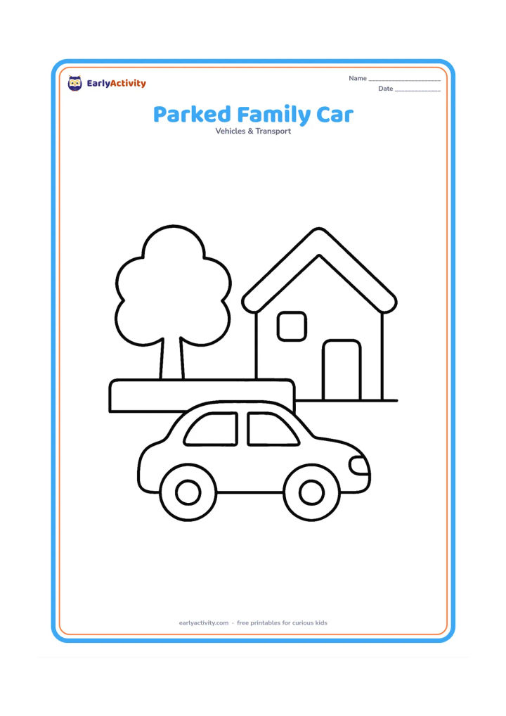 Colouring page: Draw a friendly family car parked beside a simple house, with a low wall, one tree and a blank driveway. Show the car in side view with large windows and clearly separated wheels.