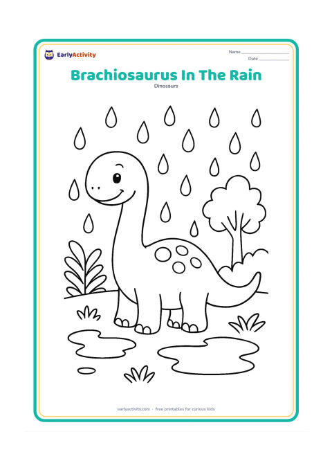 Colouring page: A cheerful brachiosaurus stands in a prehistoric clearing during a gentle rain shower. Include large raindrops, puddles, broad ferns and one simple leafy tree.