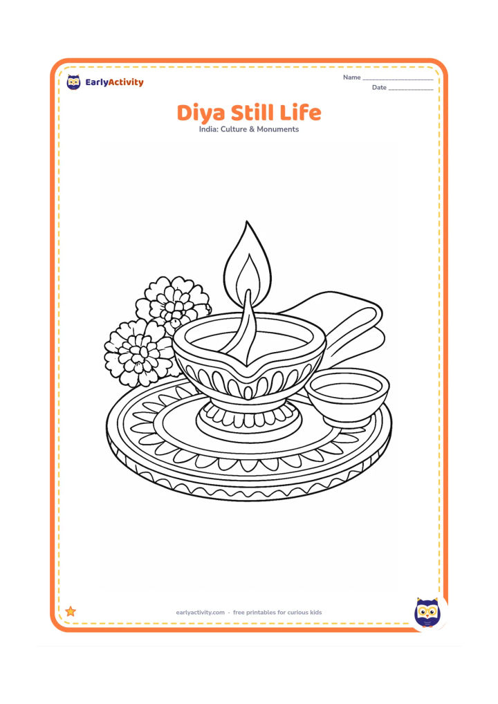 Colouring page: A detailed clay diya with a visible wick and flame sits on a patterned brass plate beside marigold flowers, a small oil bowl and folded cloth.
