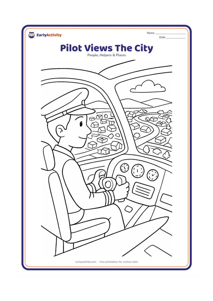 Colouring page: Show a pilot inside a cockpit looking over a large Indian city from above, with a passenger aeroplane wing in the foreground. Include roads, small buildings, a river, trees and distant…