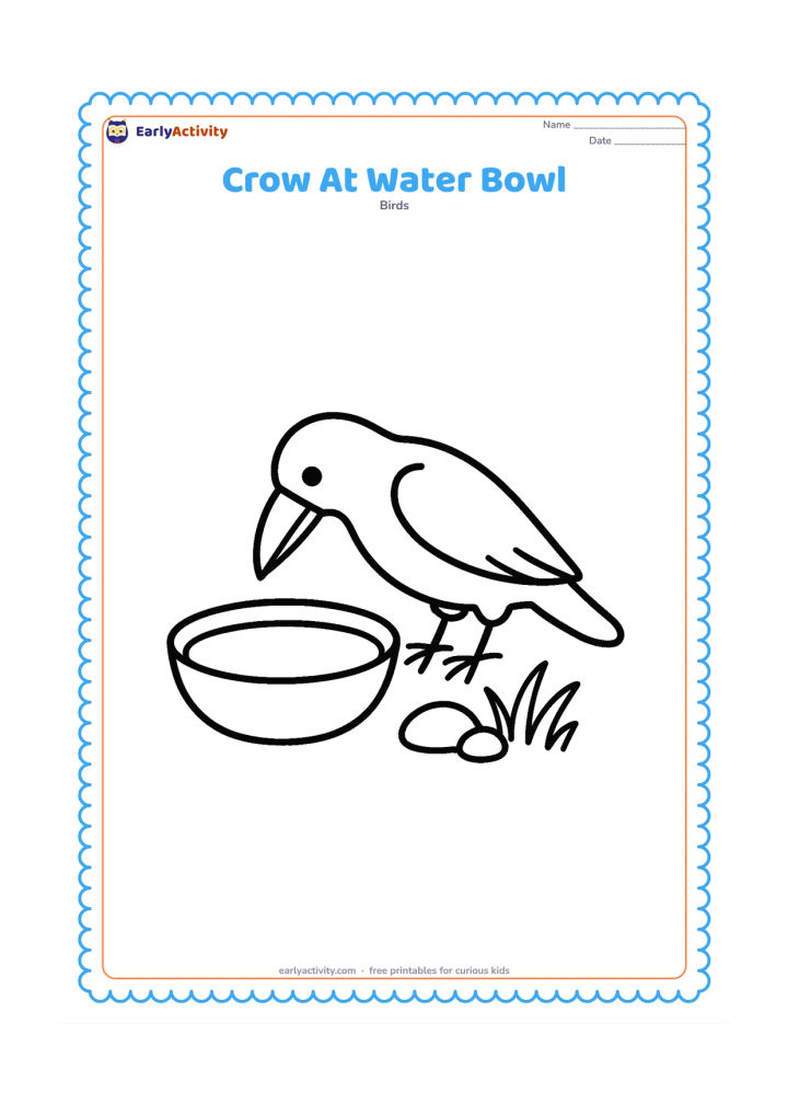 Colouring page: A crow bends its head toward a wide bowl of water beside a few grass blades and two rounded stones.
