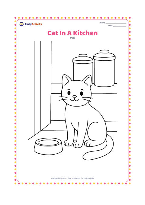 Colouring page: Draw a cat sitting safely near a kitchen doorway, with a plain food bowl, a low stool, and two large covered containers in the background. Keep all surfaces free of labels.