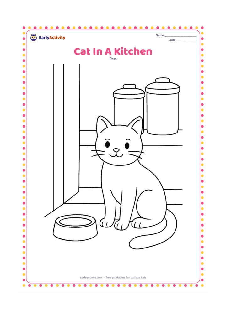 Colouring page: Draw a cat sitting safely near a kitchen doorway, with a plain food bowl, a low stool, and two large covered containers in the background. Keep all surfaces free of labels.