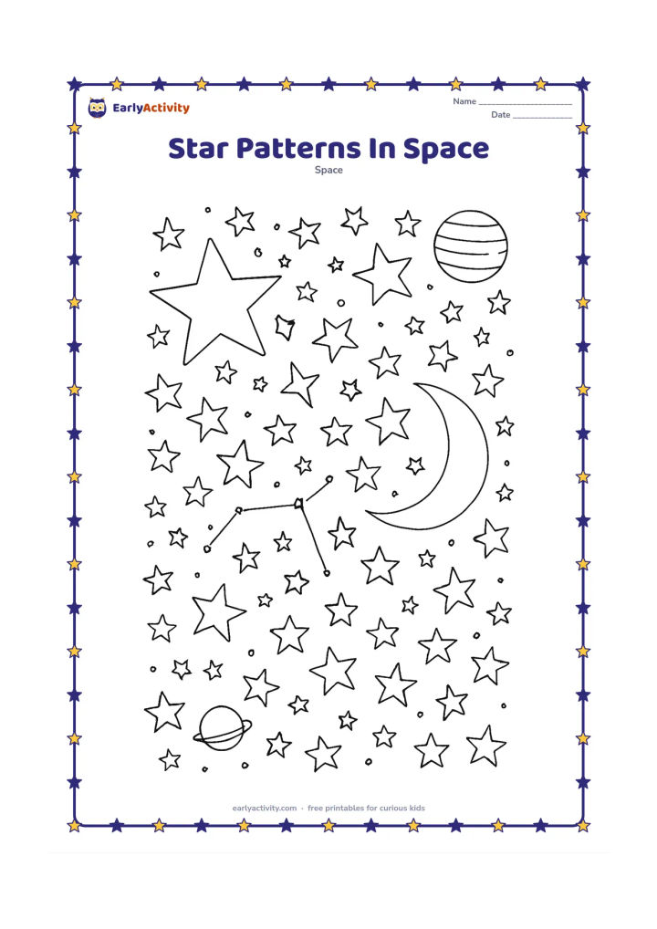 Colouring page: A detailed collection of large and small five-pointed stars fills a deep space scene, arranged in swirls, clusters and an original constellation connected by fine lines. Add a crescent…