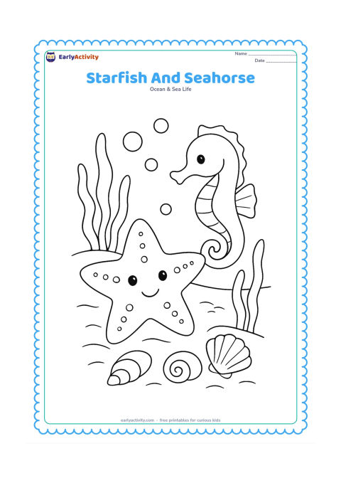 Colouring page: Draw a starfish resting on sand while a seahorse swims beside it, with shells, bubbles and two seaweed plants in the background.