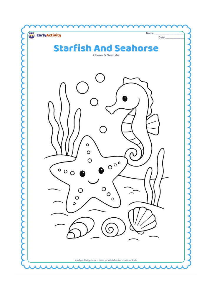 Colouring page: Draw a starfish resting on sand while a seahorse swims beside it, with shells, bubbles and two seaweed plants in the background.