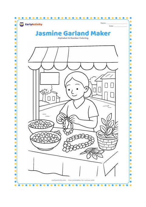 Colouring page: Draw a flower seller making a jasmine garland at a market table, with bowls of blossoms, finished garlands, leafy stems, a basket, and a shaded stall. Include a quiet street scene in the…